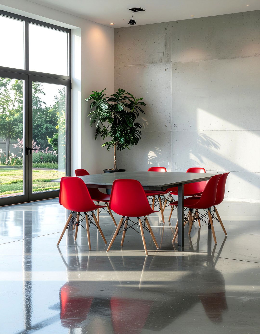 Concrete floor dining room with Eames chairs - 30 Eames dining chair ideas