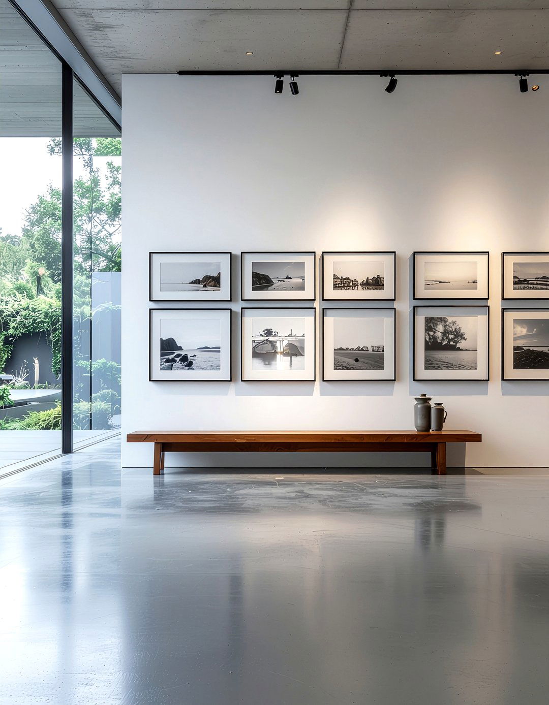 Concrete floor gallery wall living room - 30 polished concrete living room ideas