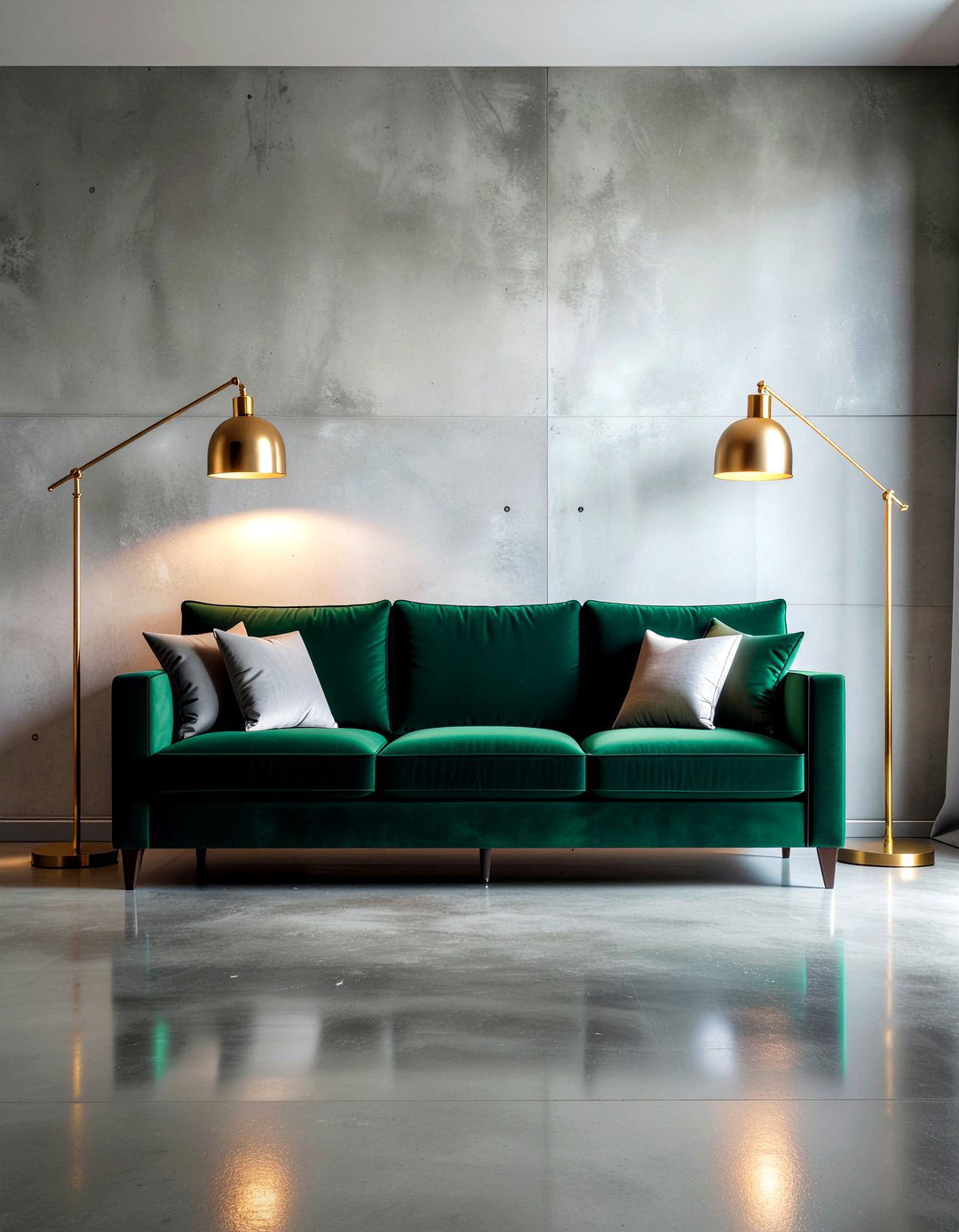 Concrete floor velvet sofa living room - 30 polished concrete living room ideas