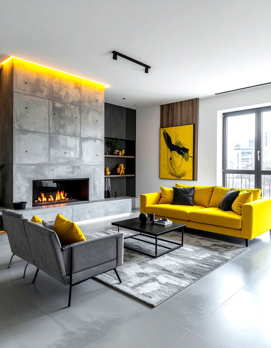 Concrete gray and bright yellow decor - 30 gray and yellow living room ideas