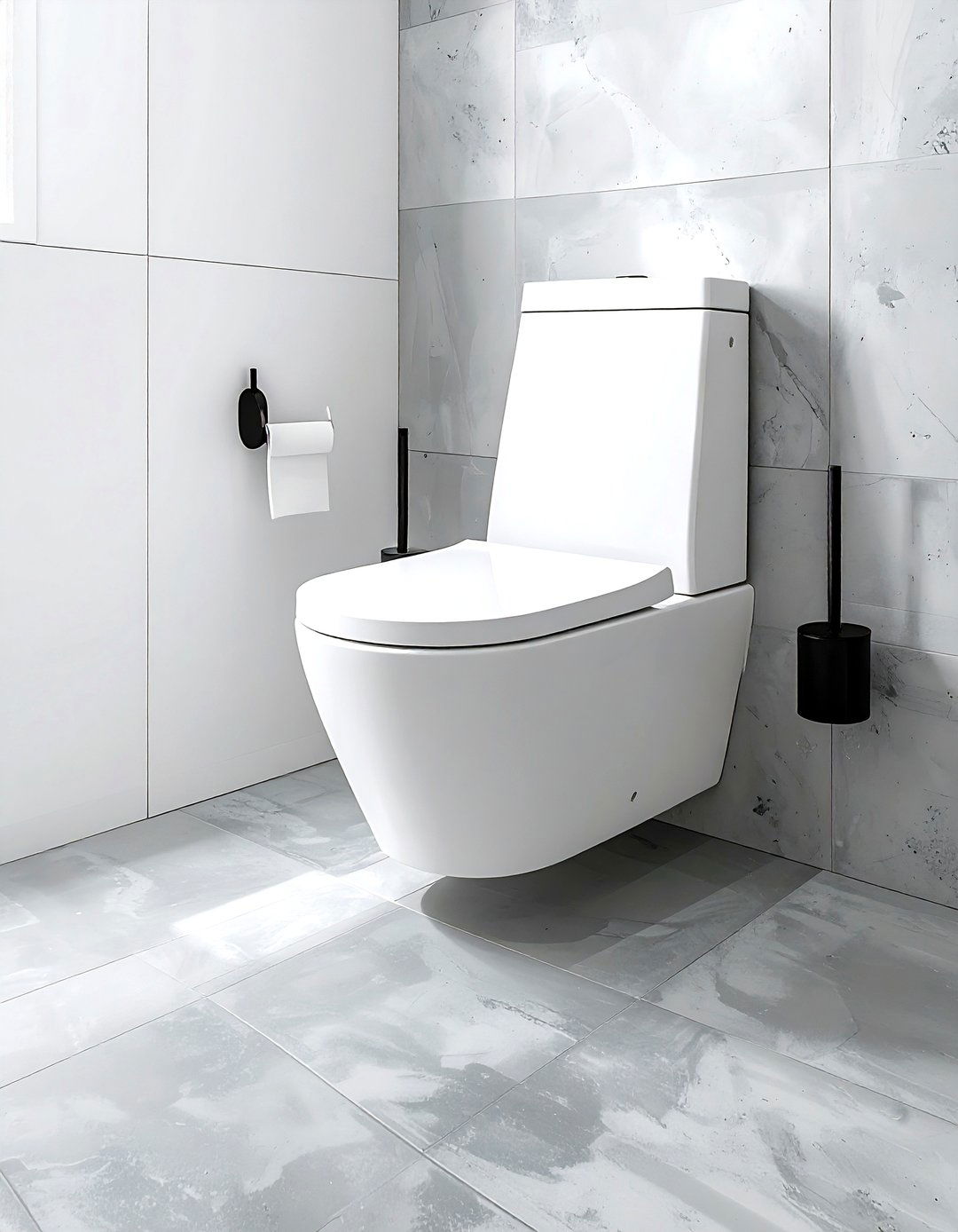 Concrete look floor tile - 30 water closet ideas