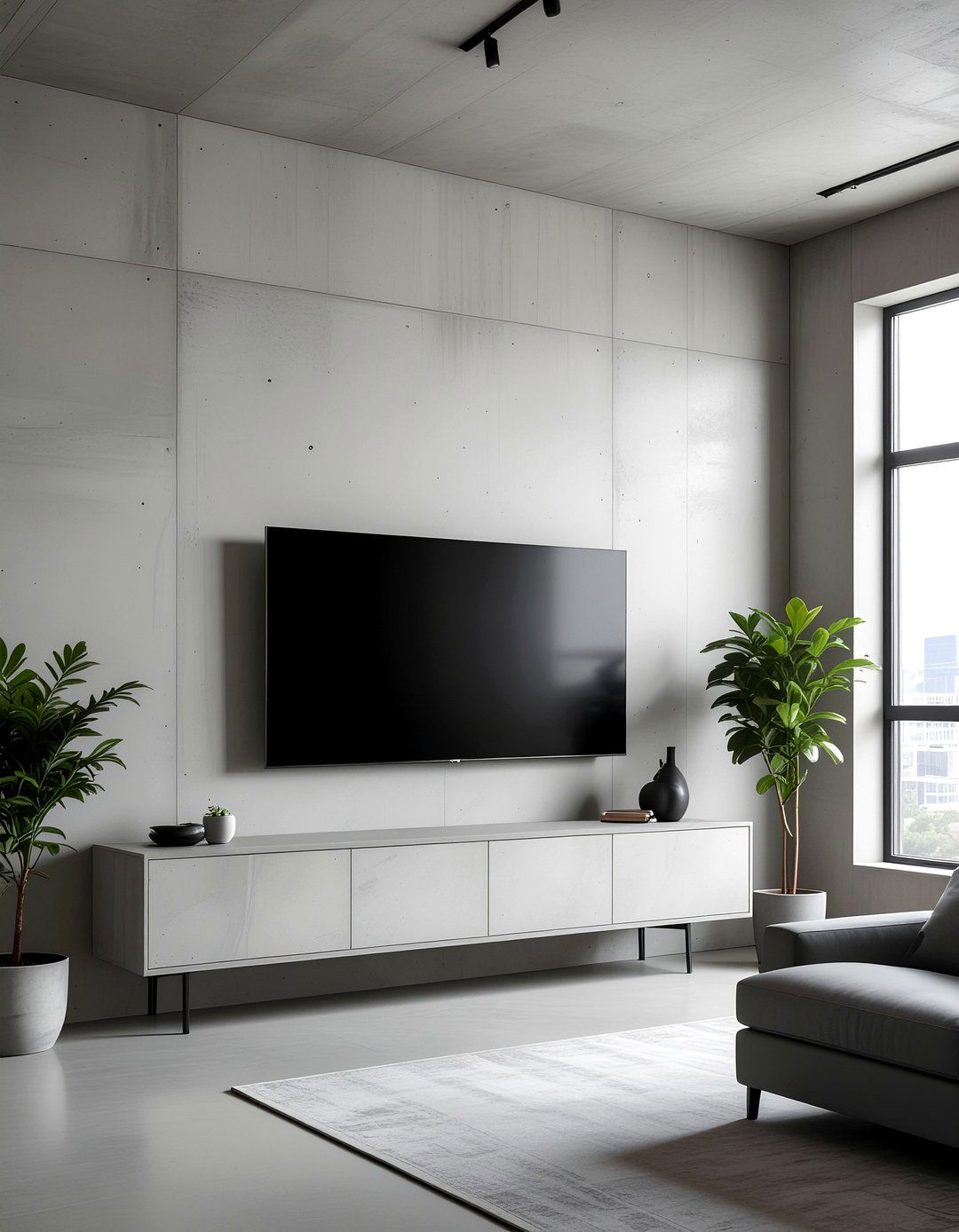 Concrete look tv wall - 30 living room wall mounted tv ideas