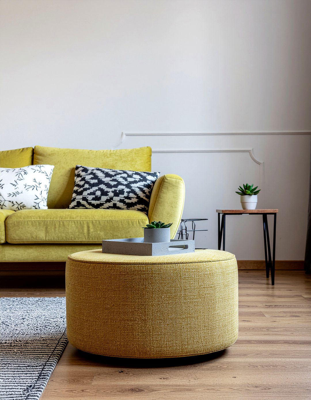 Concrete tray on modern ottoman - 30 living room tray ottoman ideas