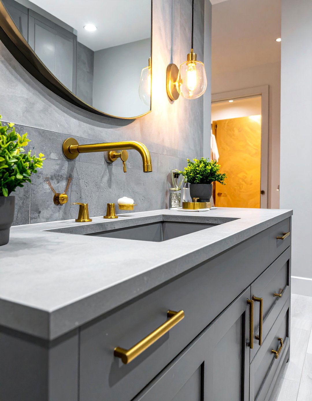 Concrete vanity with brass fixtures - 30 concrete countertop bathroom ideas