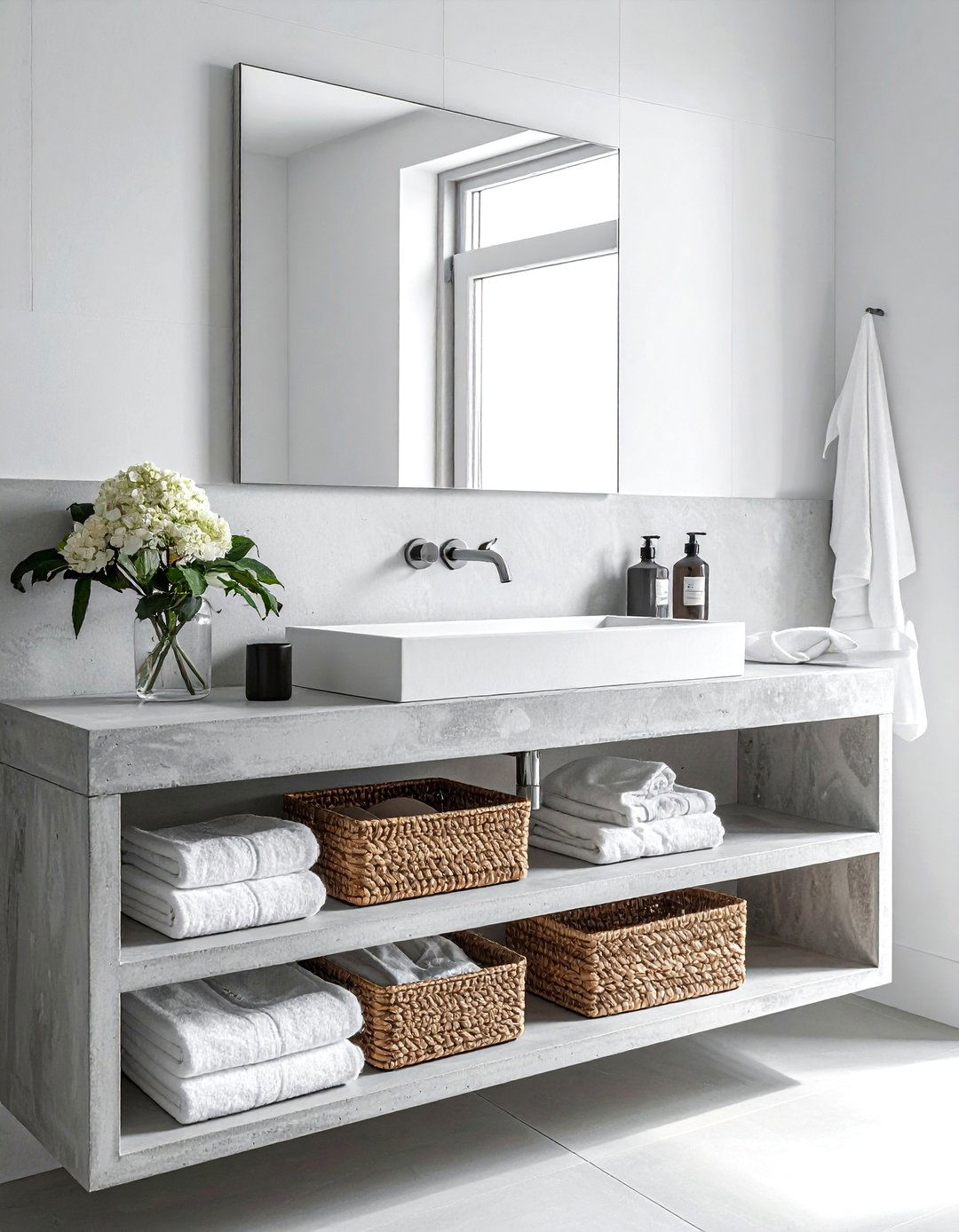 Concrete vanity with open shelving - 30 concrete countertop bathroom ideas