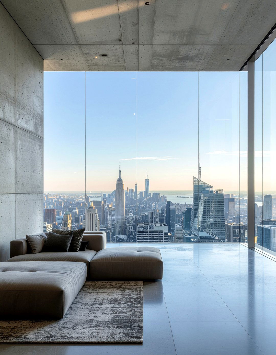 Concrete wall floor to ceiling windows - 30 concrete wall living room ideas