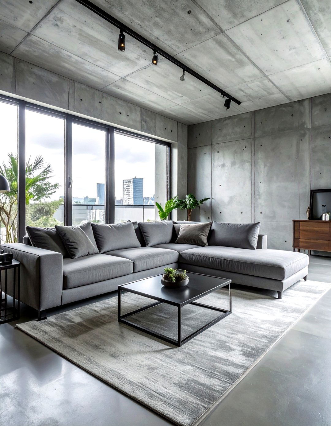 Concrete wall living room - 30 minimalist grey living room ideas