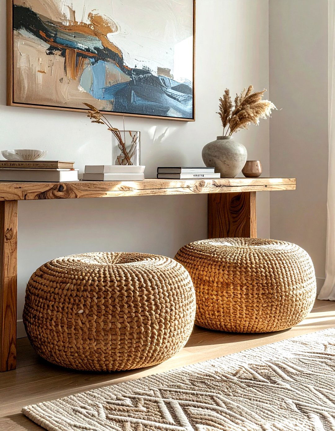 Console table ottomans - 30 decor symmetry ideas