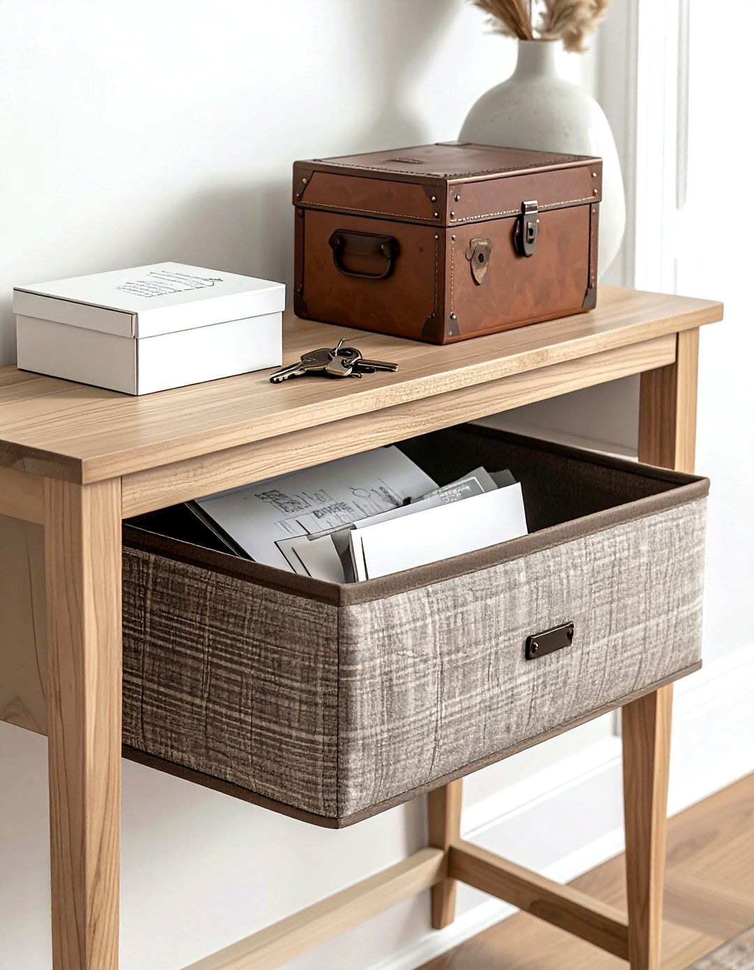 Console table storage bin - 30 console table decor ideas