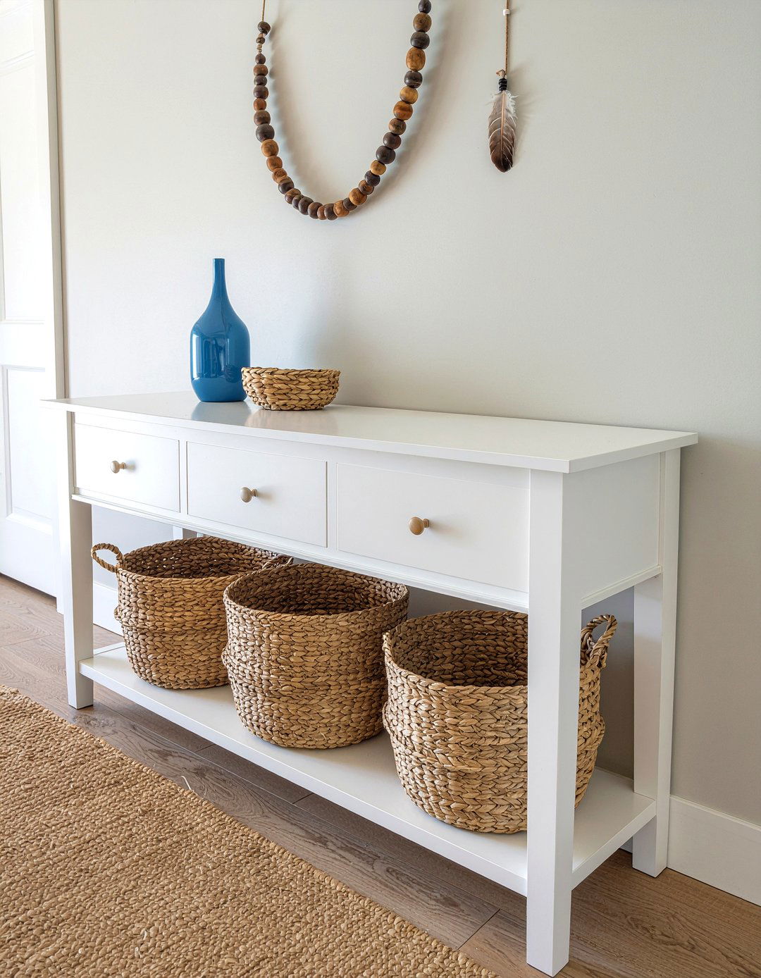 Console table with baskets - 30 living room entry table ideas