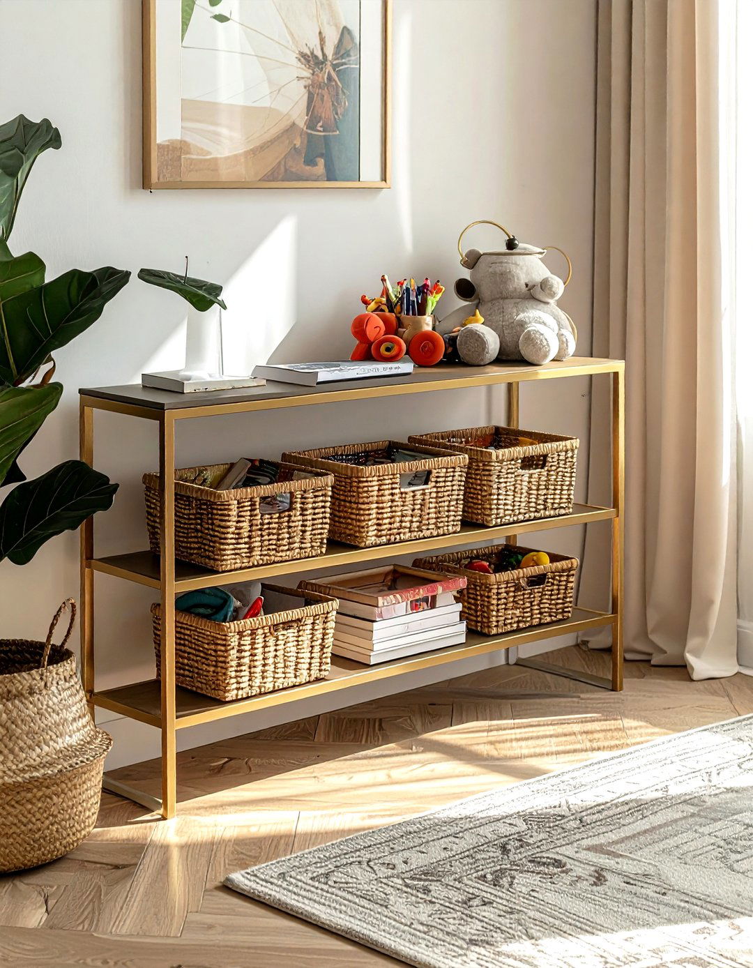 Console table with baskets - 30 living room storage hacks