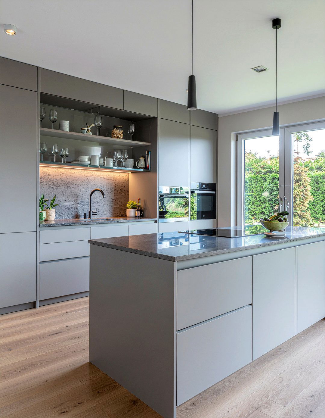 Contemporary Dark Gray Kitchen With Glass Cabinets - 30 dark gray kitchen ideas