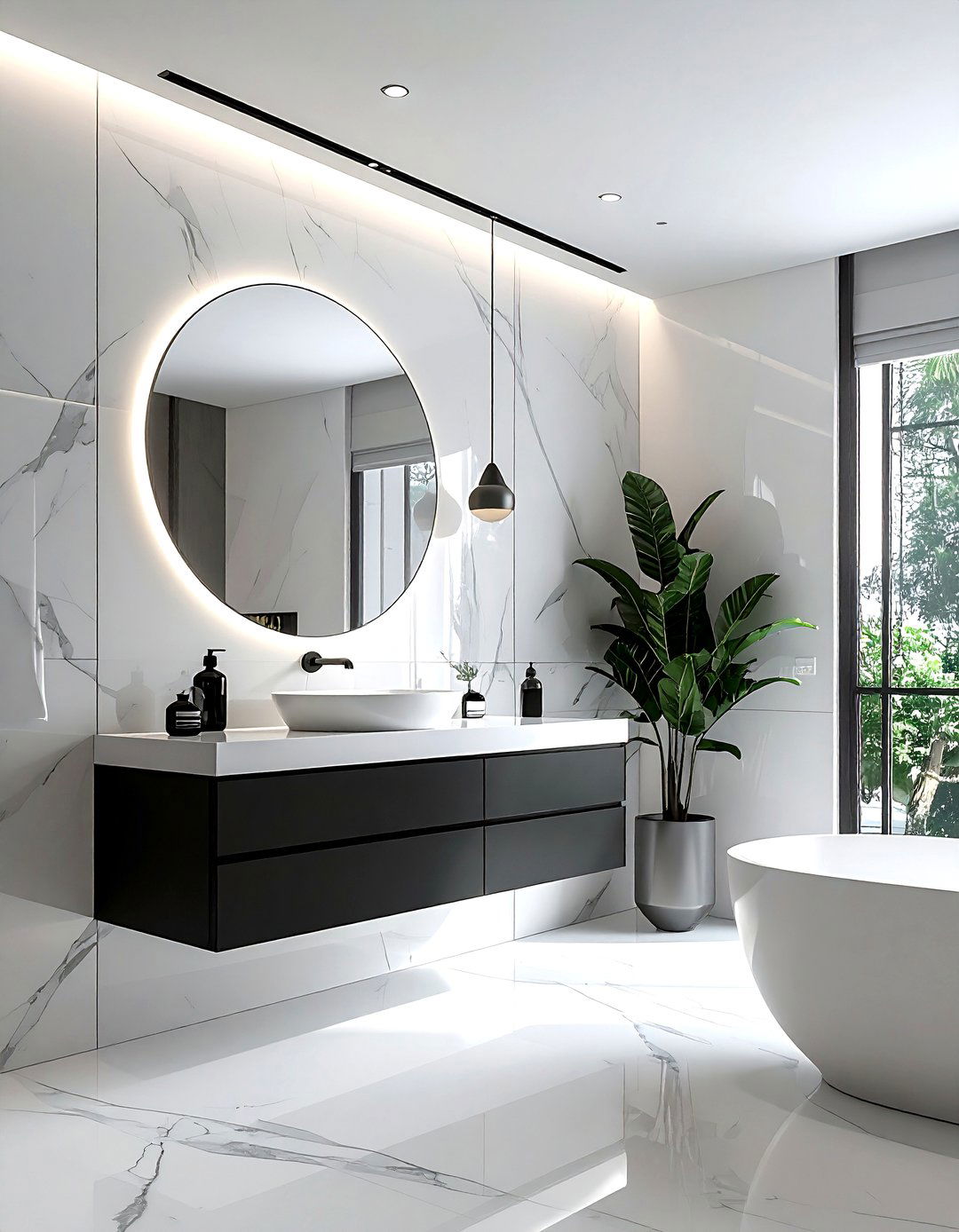 Contemporary bathroom with backlit mirror and floating cabinet - 30 bathroom furniture arrangement