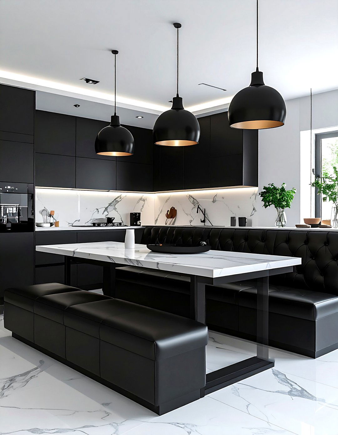 Contemporary black banquette - 30 built-in banquette kitchen ideas