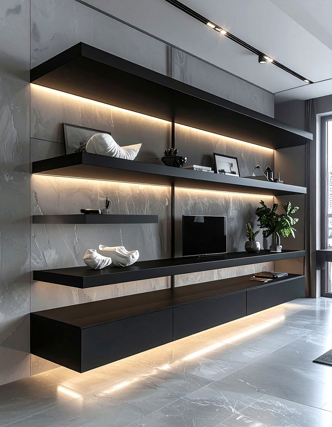 Contemporary black shelving - 30 living room built-in shelves