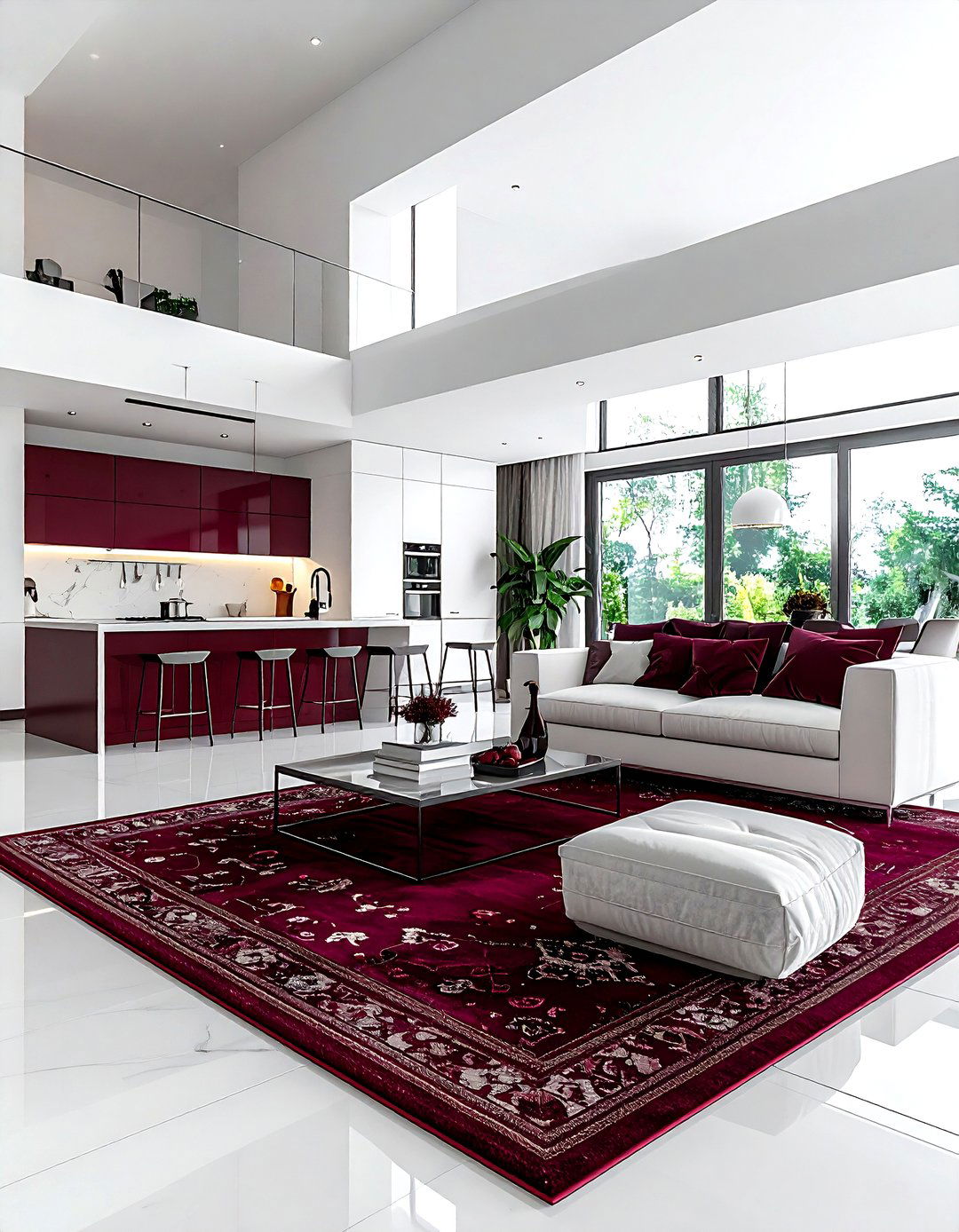 Contemporary burgundy white open plan