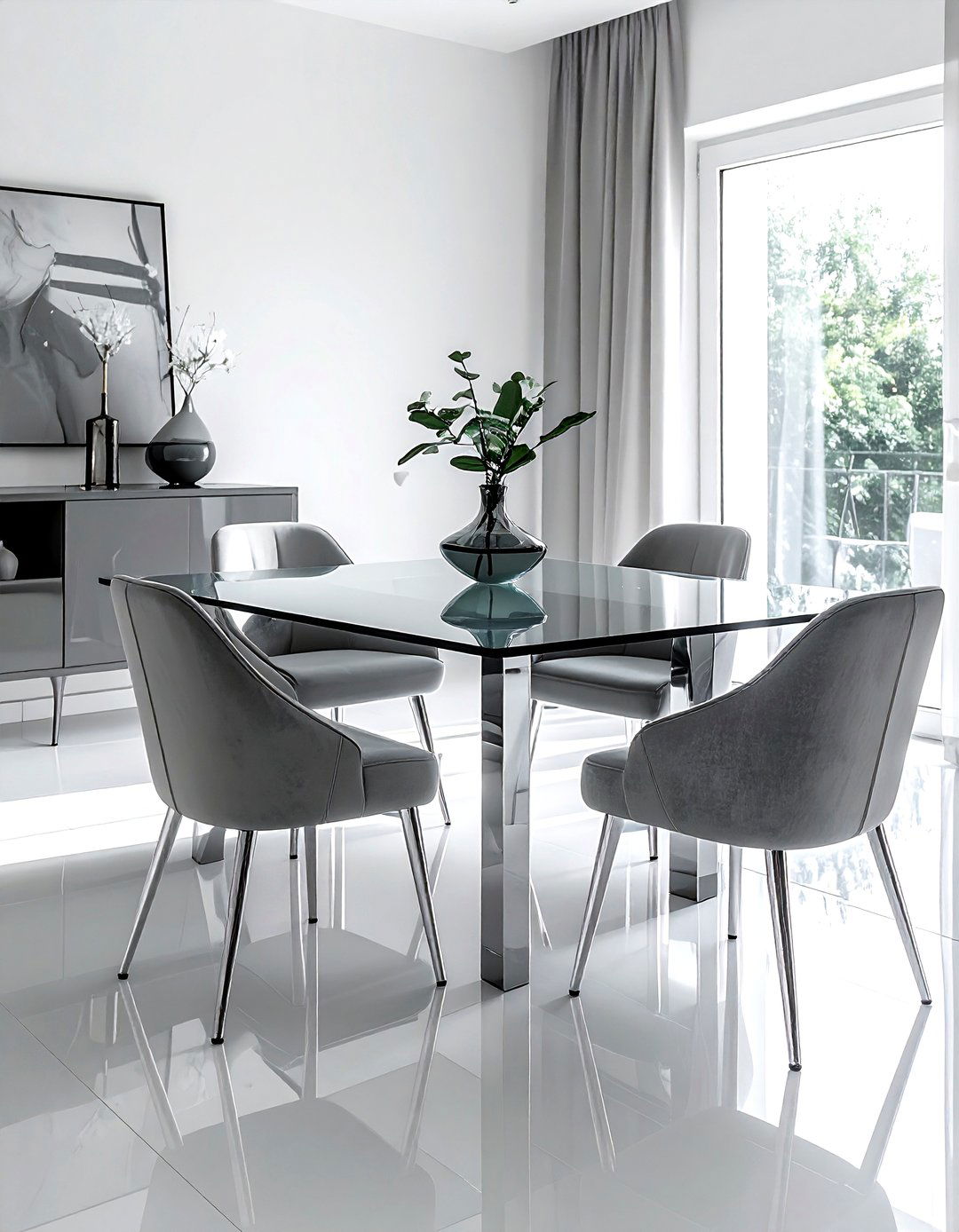 Contemporary grey glass dining table - 30 grey dining room furniture ideas