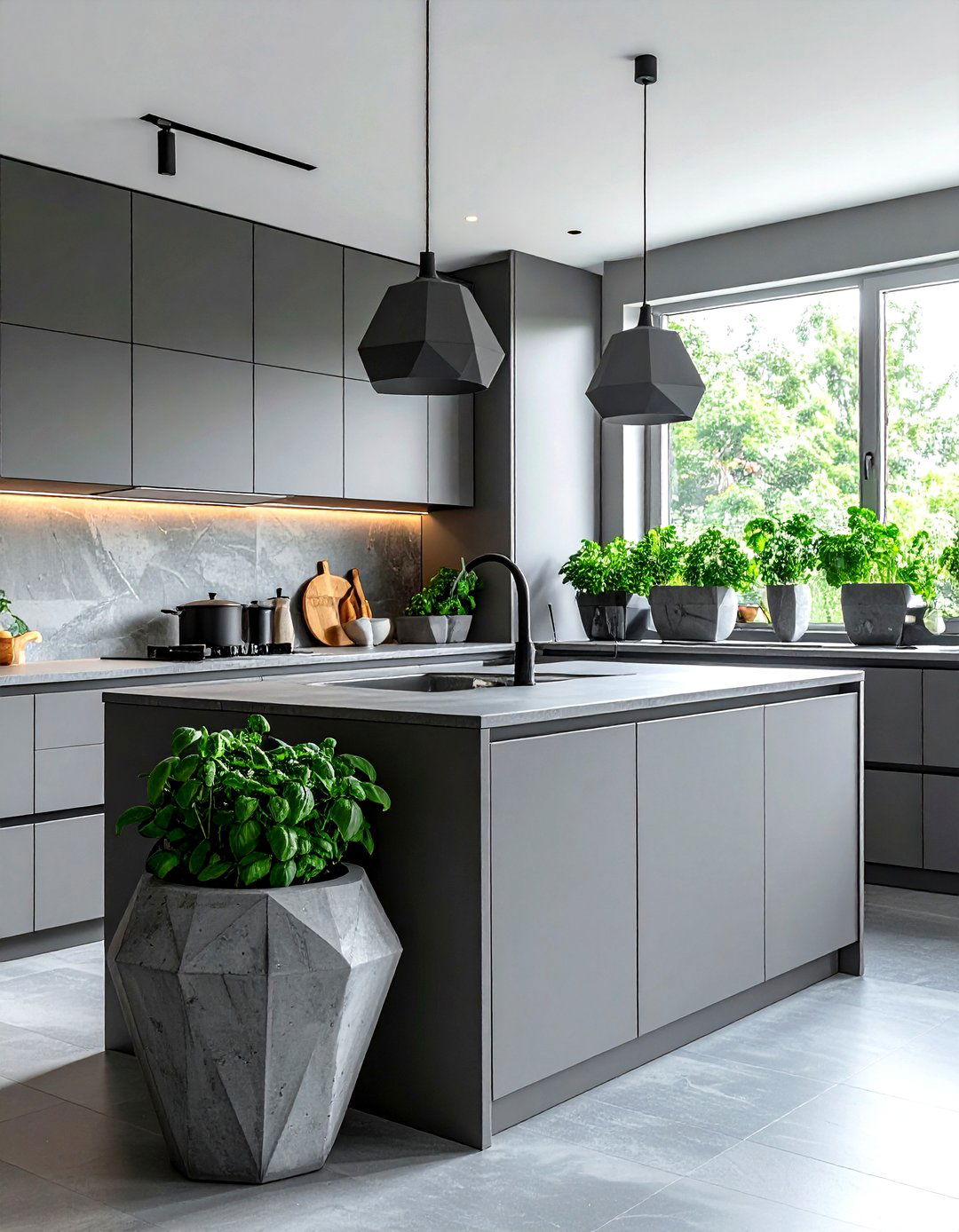 Contemporary grey kitchen with concrete planters - 30 grey kitchen accessories ideas