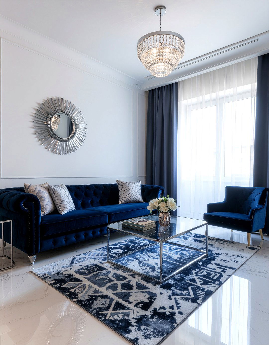 Contemporary navy velvet pit - 30 living room pit sofa ideas