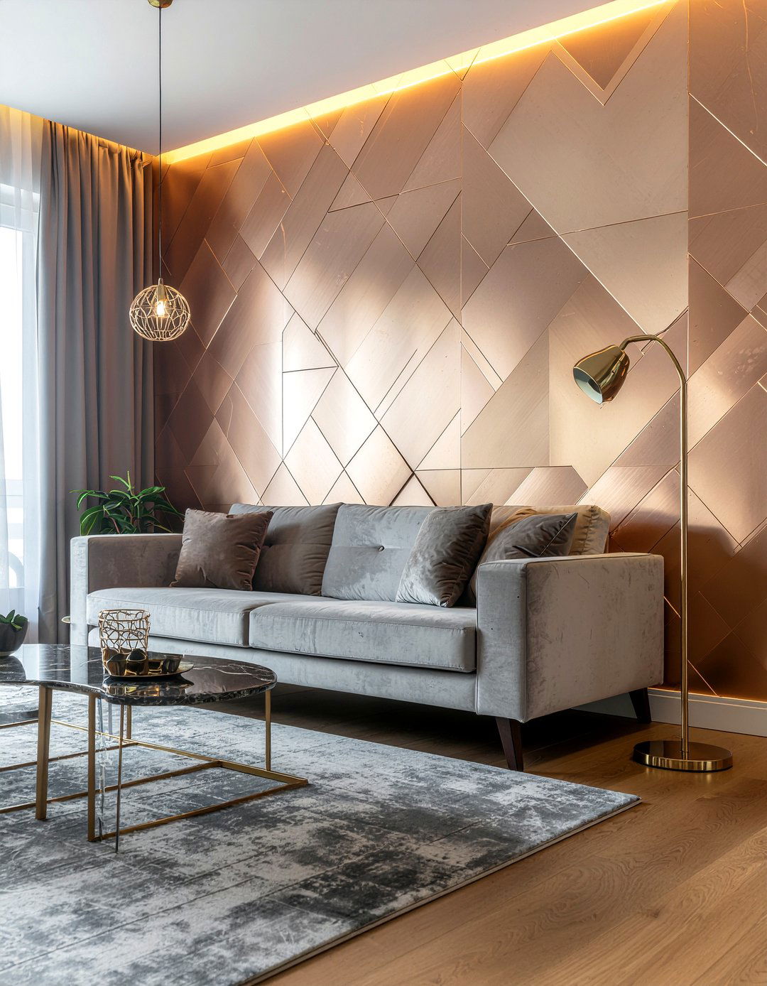 Copper Accent Geometric Wall - 30 living room geometric wall designs