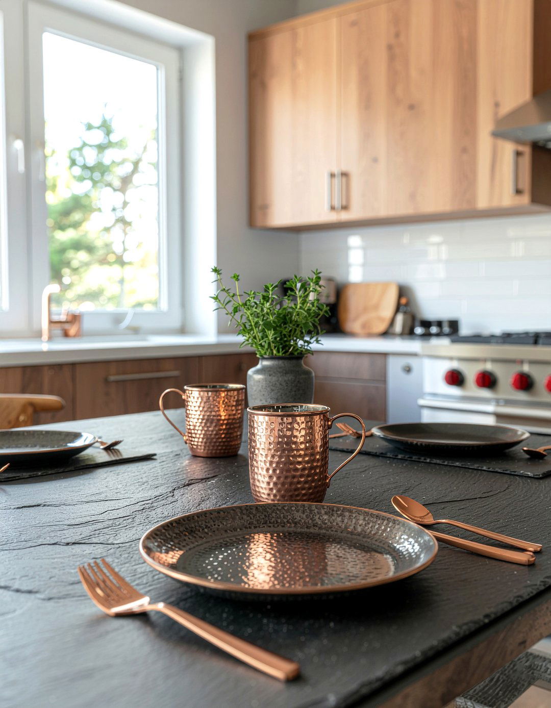Copper And Slate Table - 30 dining room table setting ideas