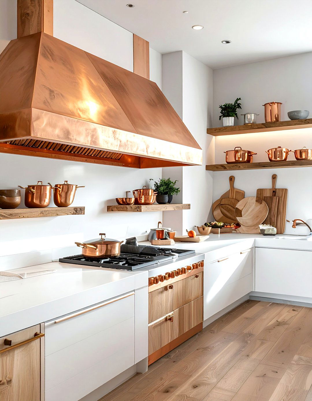 Copper Hood Open Shelving - 30 copper hood kitchen ideas