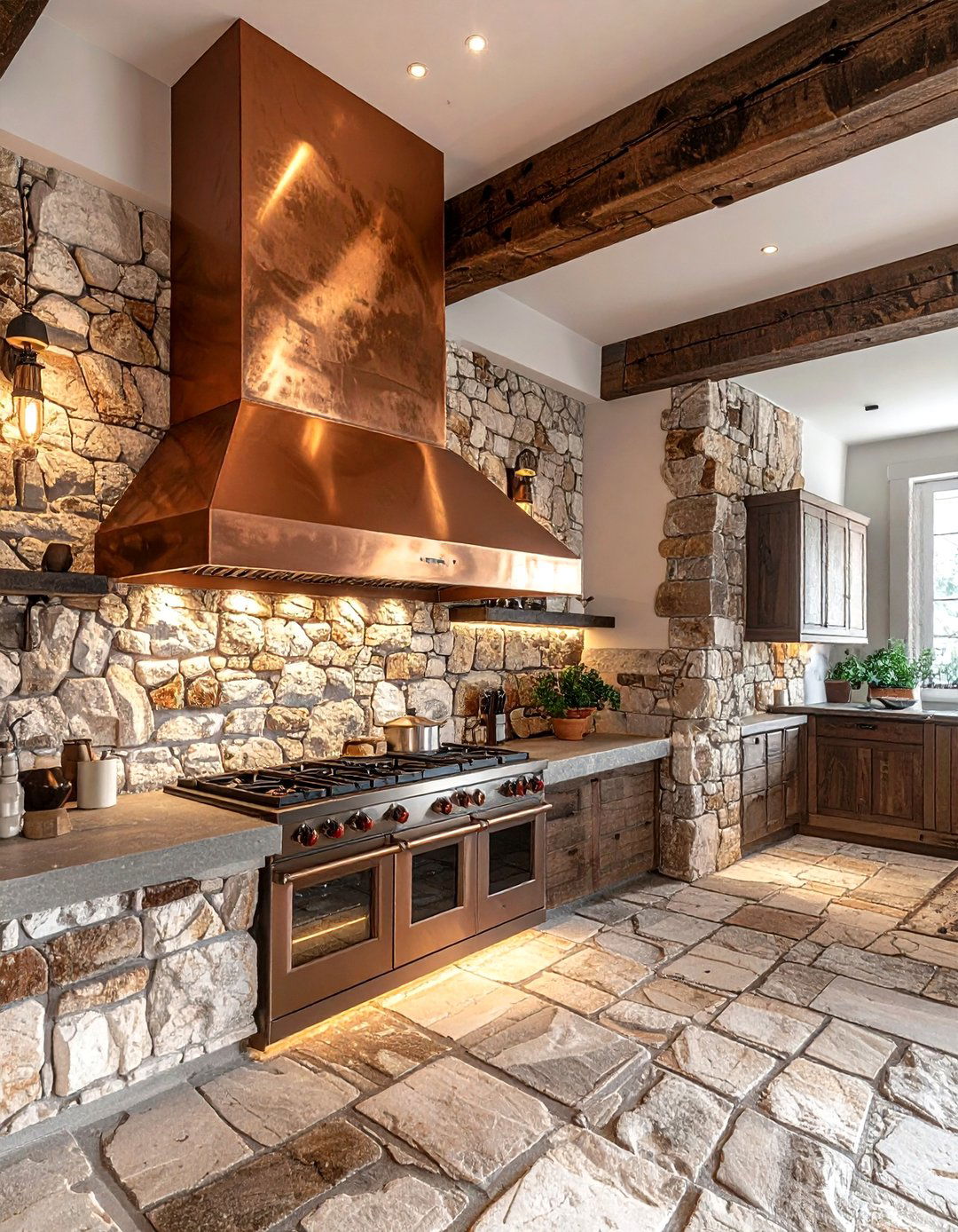 Copper Hood Stone Walls - 30 copper hood kitchen ideas