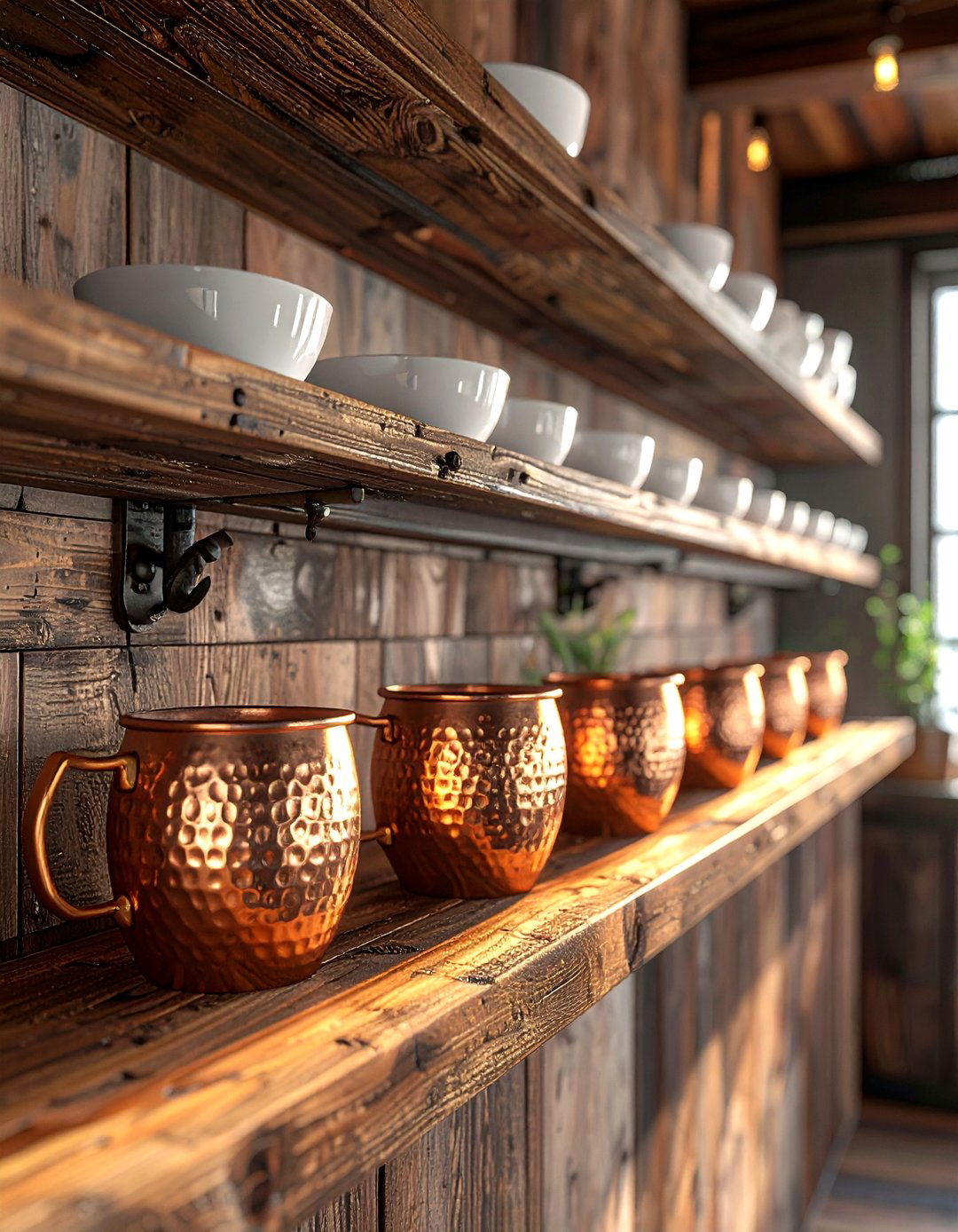 Copper Mugs On Shelves - 30 copper accent kitchen ideas