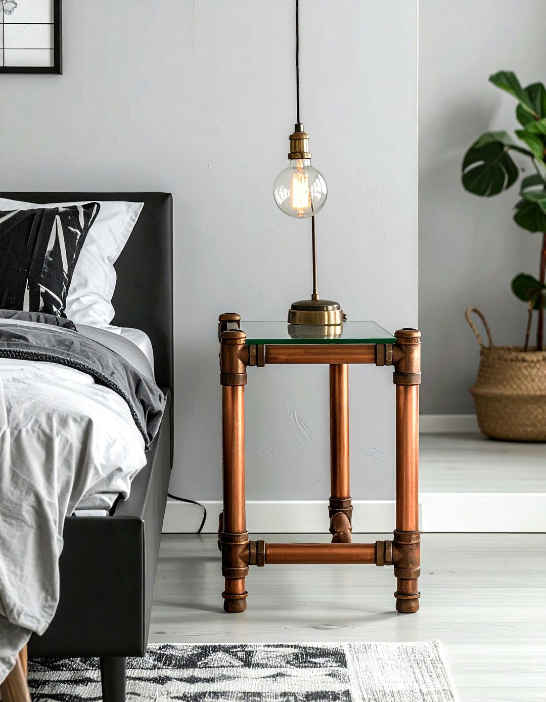 Copper Pipe Nightstand - 30 industrial black bedroom ideas