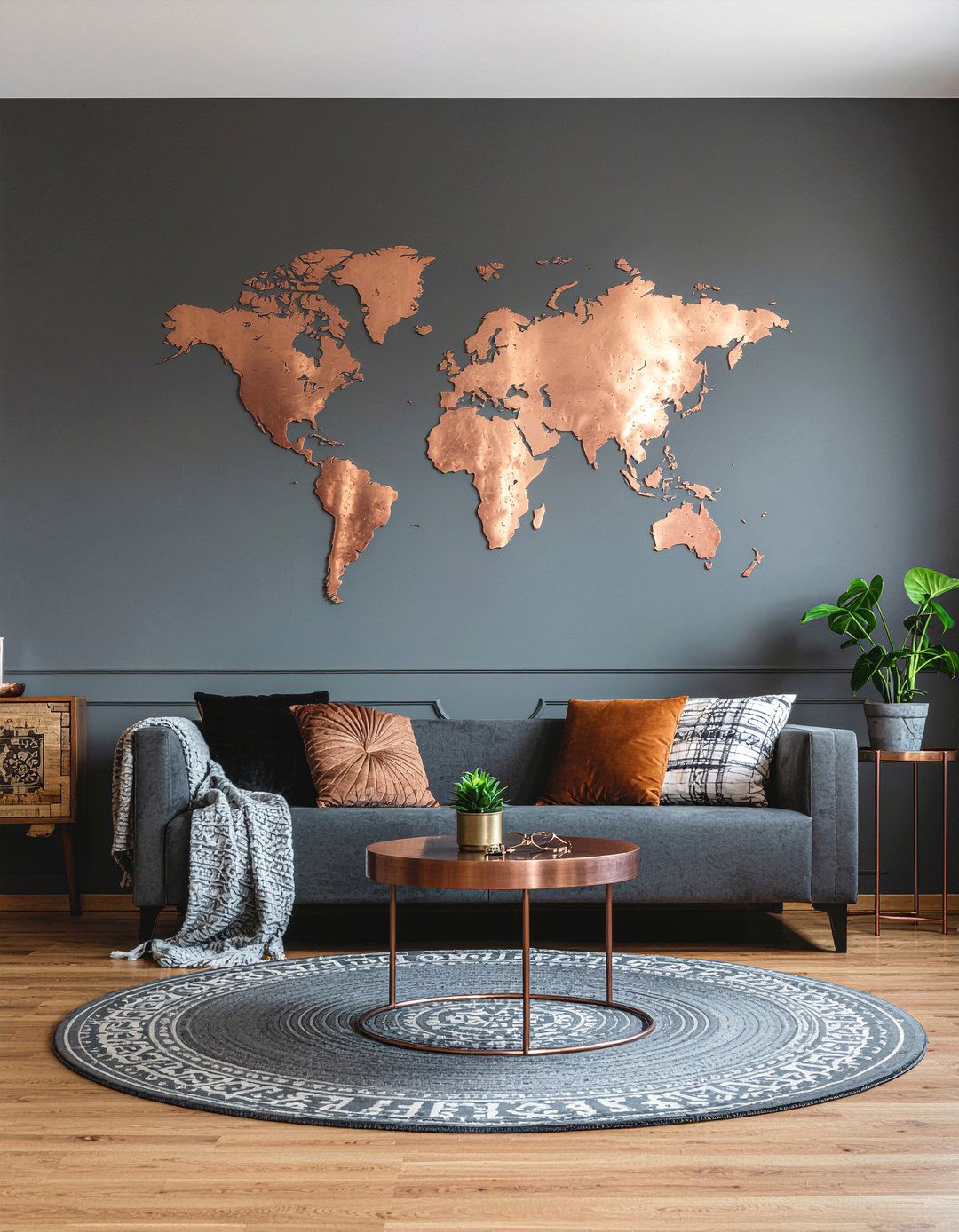 Copper World Map Art - 30 world map living room ideas