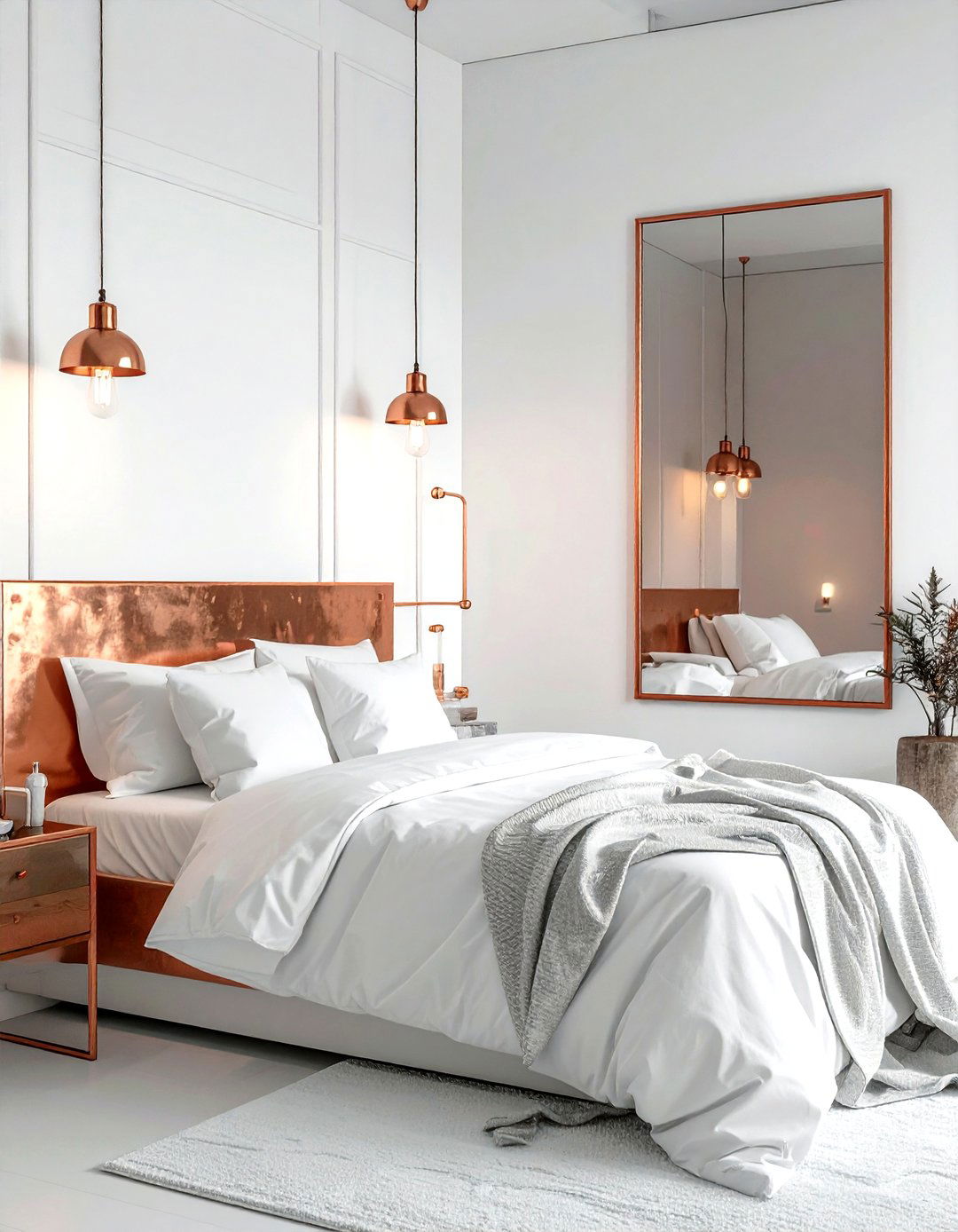 Copper accent white industrial bedroom - 30 industrial white bedroom ideas