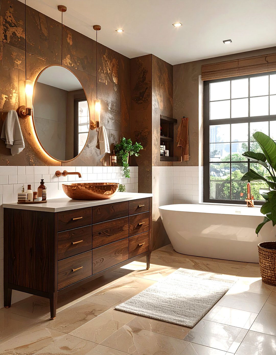 Copper accents brown bathroom - 30 brown and white bathroom ideas