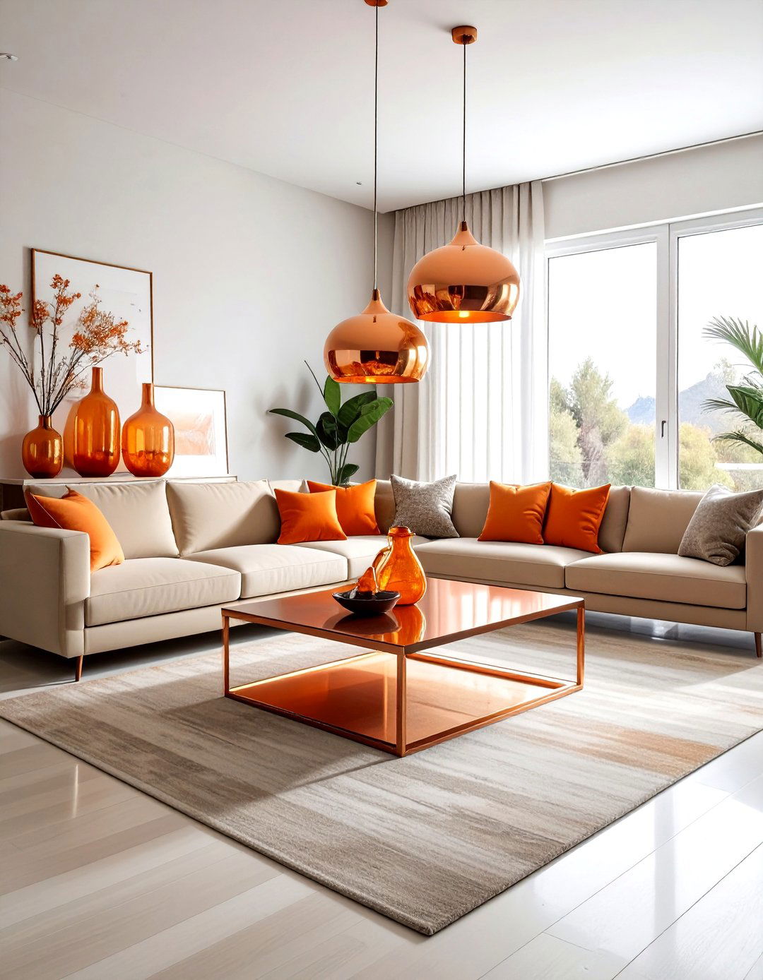 Copper and orange metallic accents - 30 orange living room decor ideas