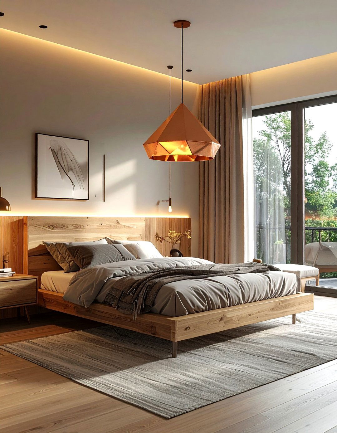Copper and wood light - 30 mixed material bedroom ideas