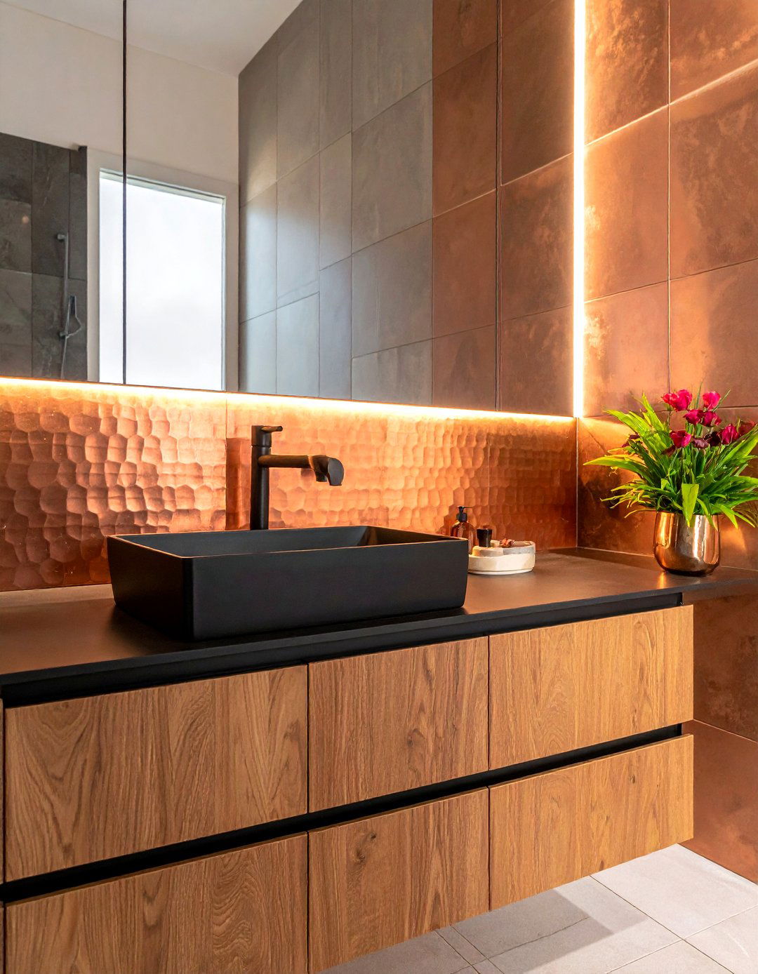 Copper backsplash tile - 30 copper detail bathroom ideas