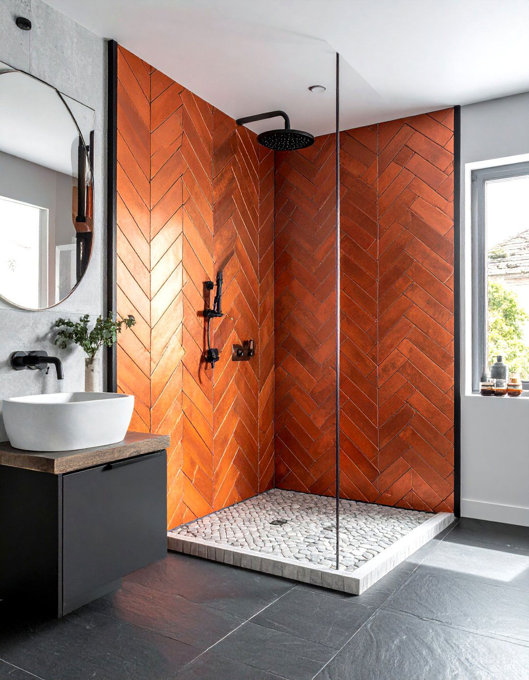 Copper chevron mosaic tile shower - 30 chevron pattern bathroom ideas