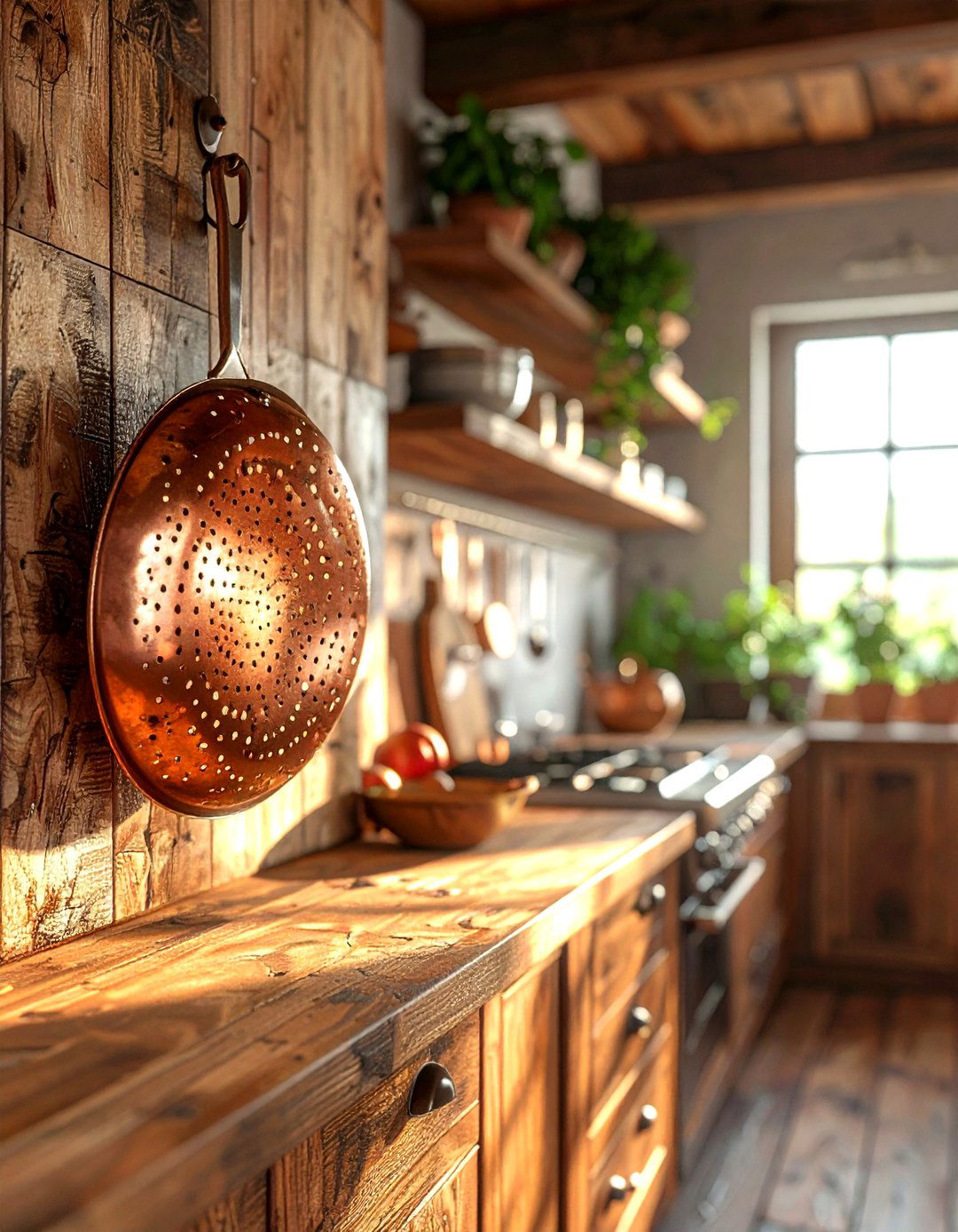 Copper colander decor - 30 copper kitchen ideas
