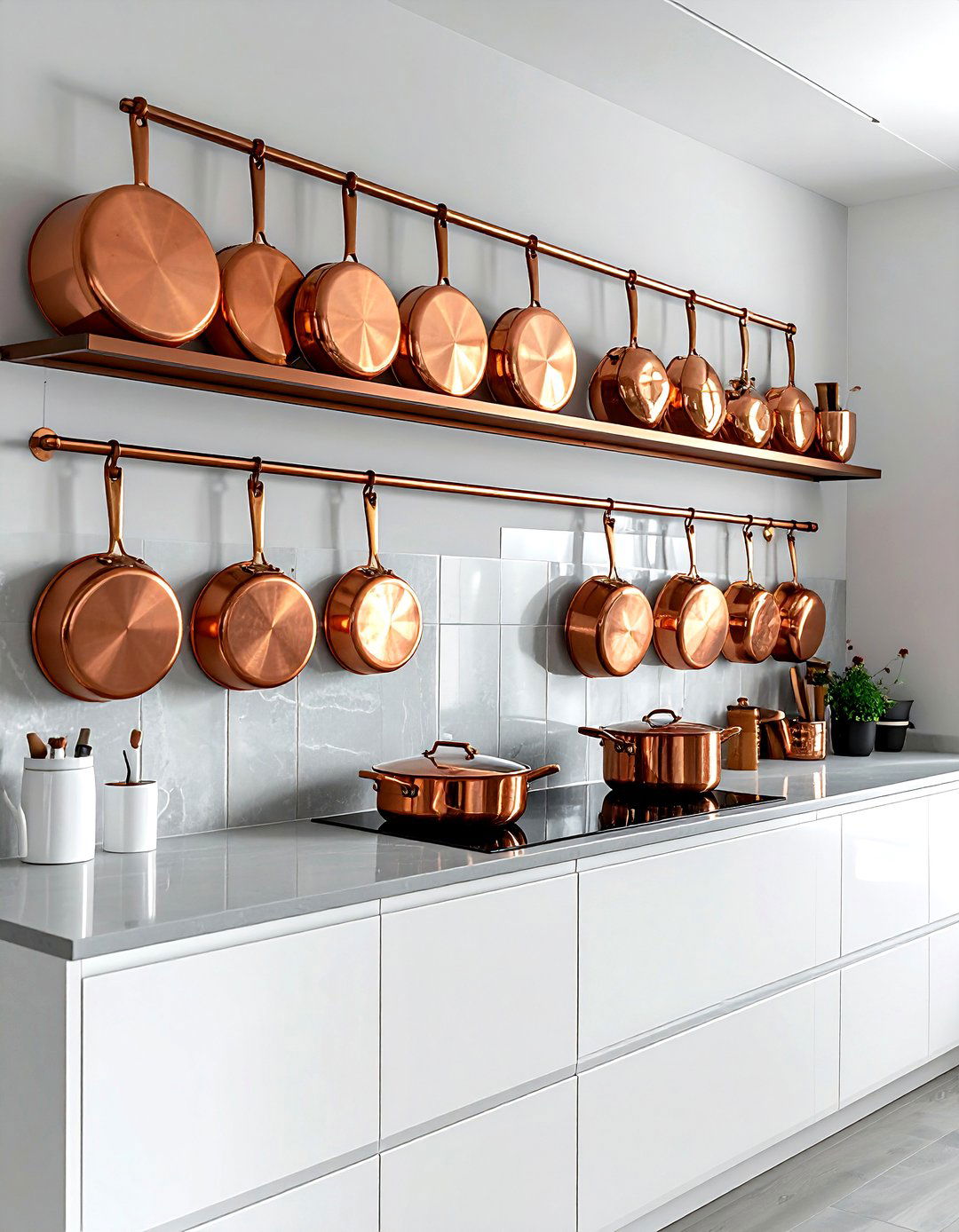 Copper cookware display - 30 rust kitchen ideas