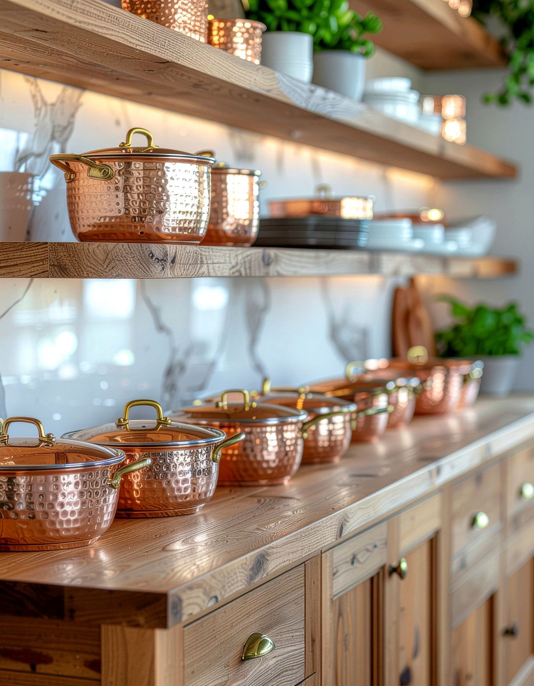 Copper cookware display - 30 kitchen layering ideas