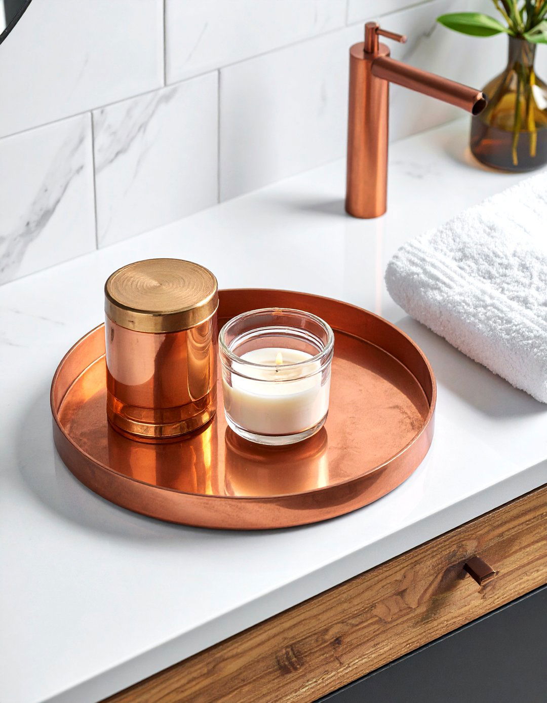 Copper countertop tray - 30 copper detail bathroom ideas