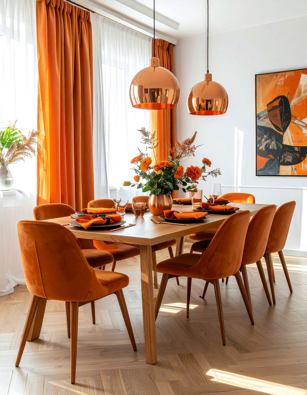 Copper dining room accents - 30 orange dining room decor ideas