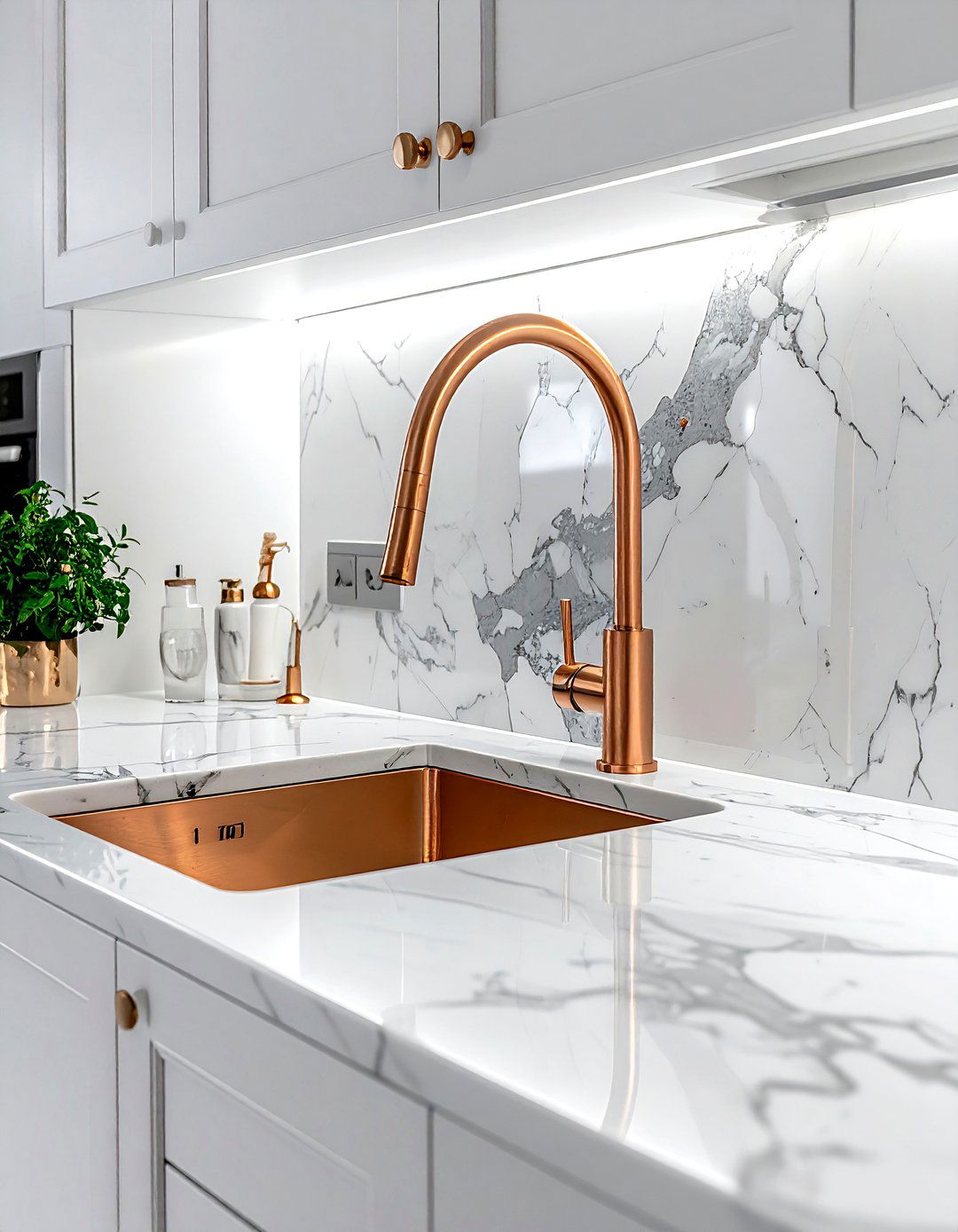 Copper faucet with marble backsplash - 30 copper kitchen faucet ideas