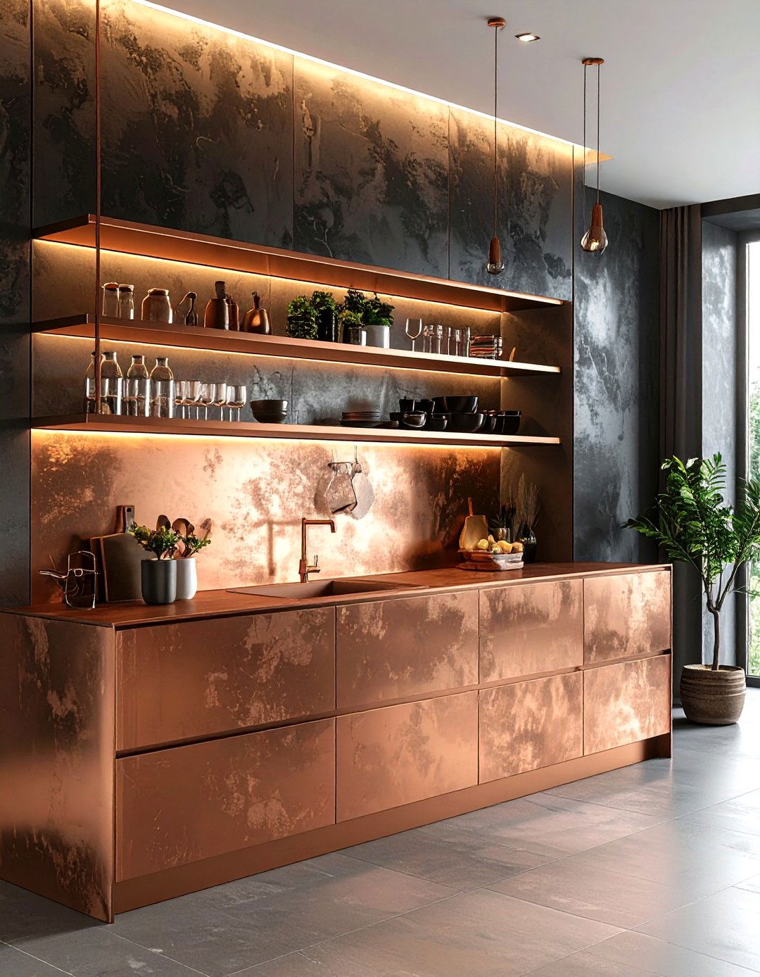 Copper floating shelves - 30 copper kitchen ideas