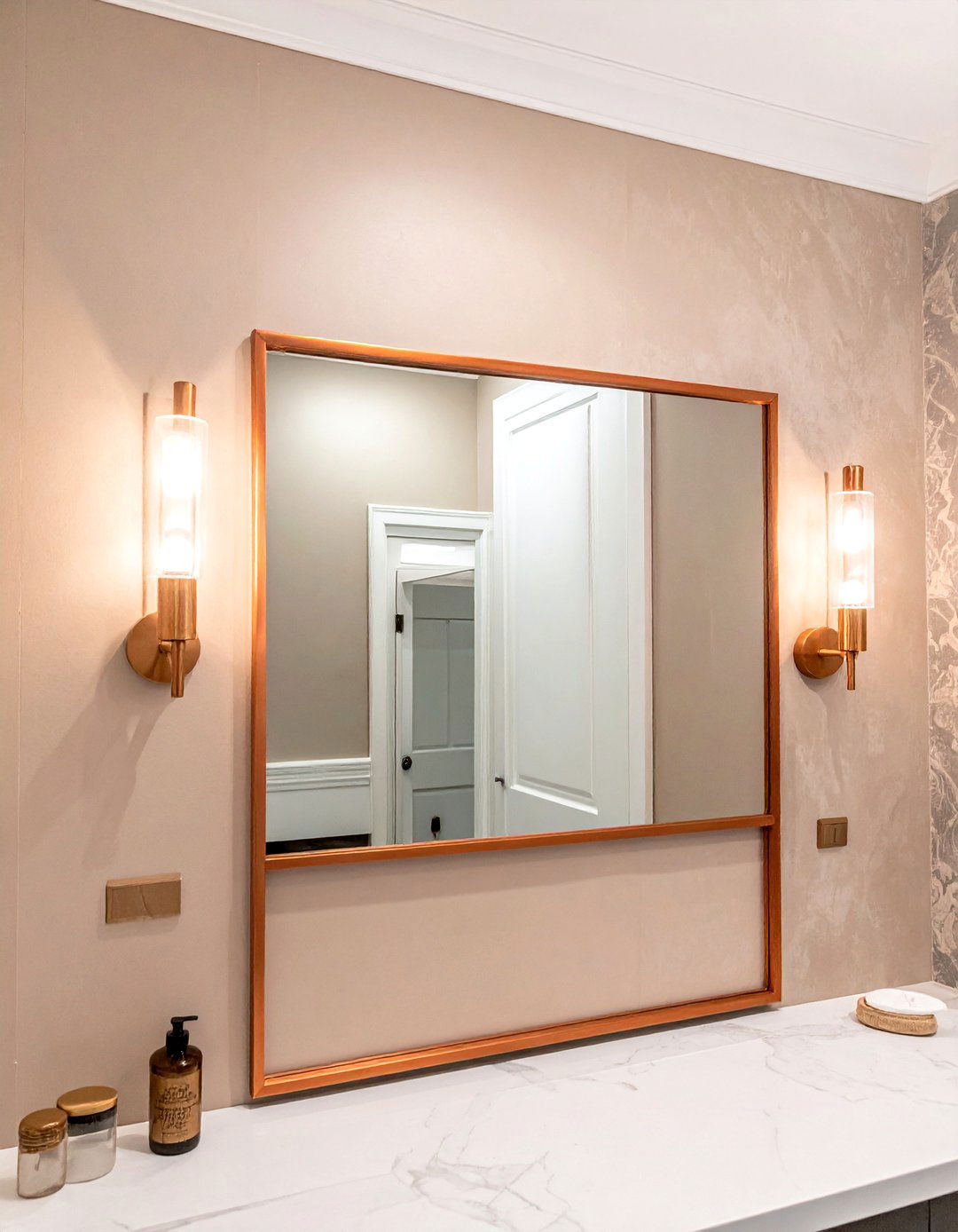 Copper framed mirror - 30 copper detail bathroom ideas