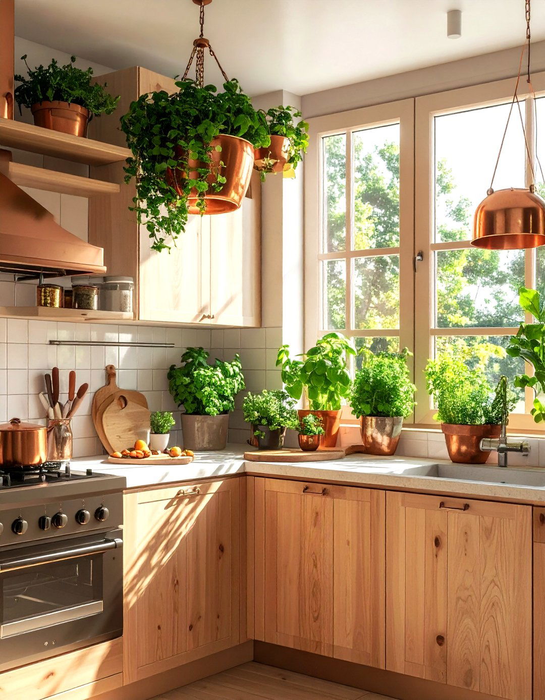 Copper hanging planters - 30 copper kitchen ideas