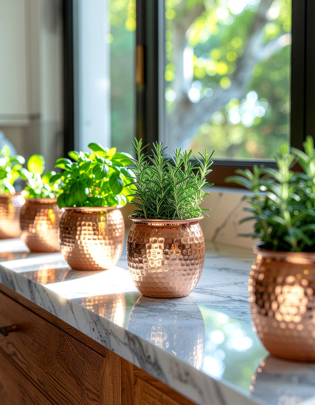 Copper herb pots kitchen windowsill - 30 kitchen window herb garden ideas