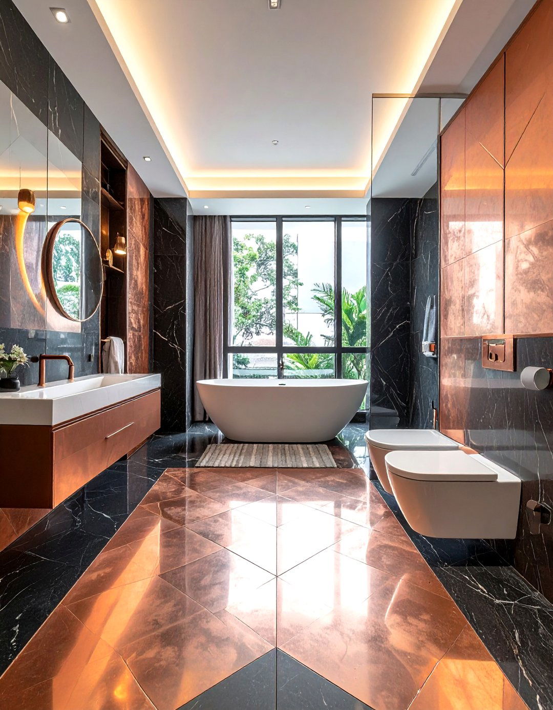 Copper inlay floor - 30 copper detail bathroom ideas