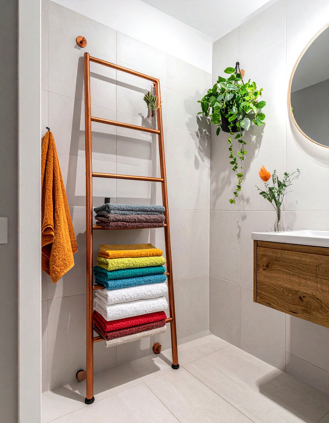Copper ladder rack - 30 copper detail bathroom ideas