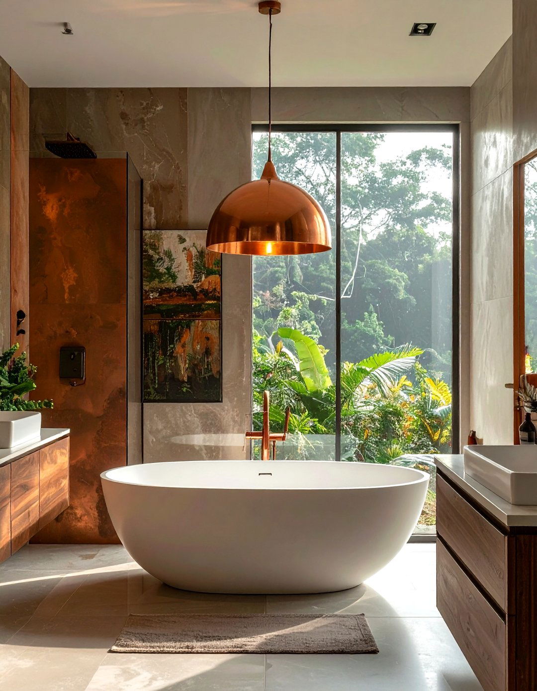 Copper pendant light - 30 copper detail bathroom ideas