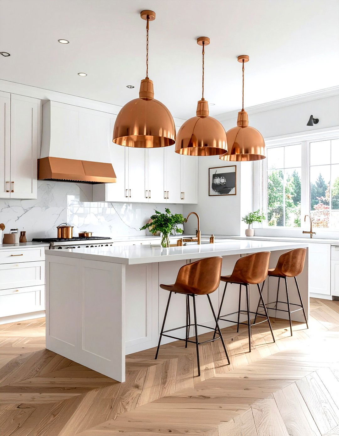 Copper pendant lights over island - 30 kitchen warm settings